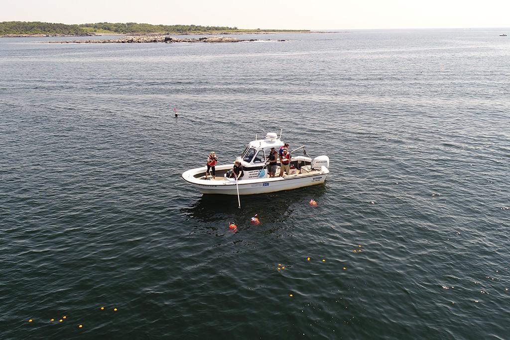 U N E students work on a research boat surrounded by water